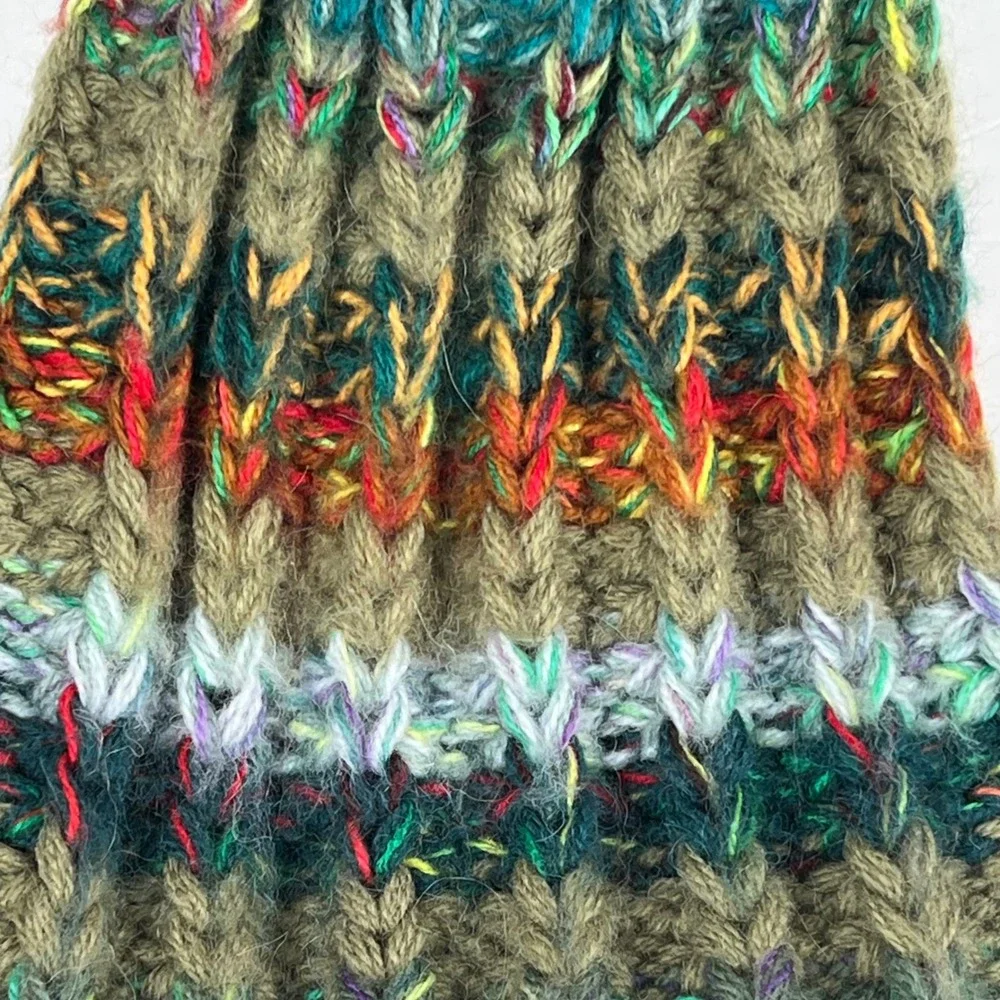 Andes Gifts Multi Color Chunky Knit Pom Pom Beanie Olive Green Alpaca‎ Blend